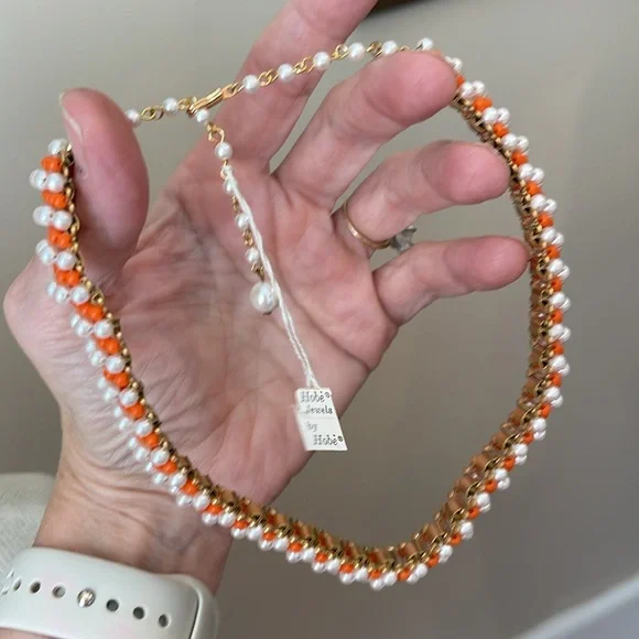 Vintage Hobe Orange and White Beaded Necklace and Clip Earring Set with Tags - Picture 16 of 17